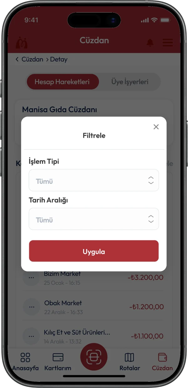 Manisa Şehir Kartı: Hareket filtresi