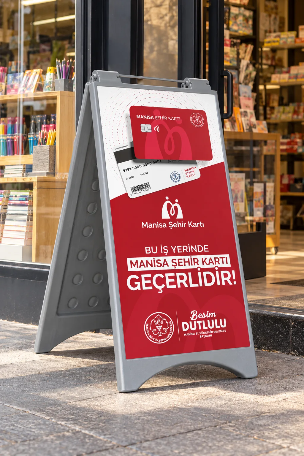 Dükkan önünde Manisa Şehir Kartı A-pano afişi
