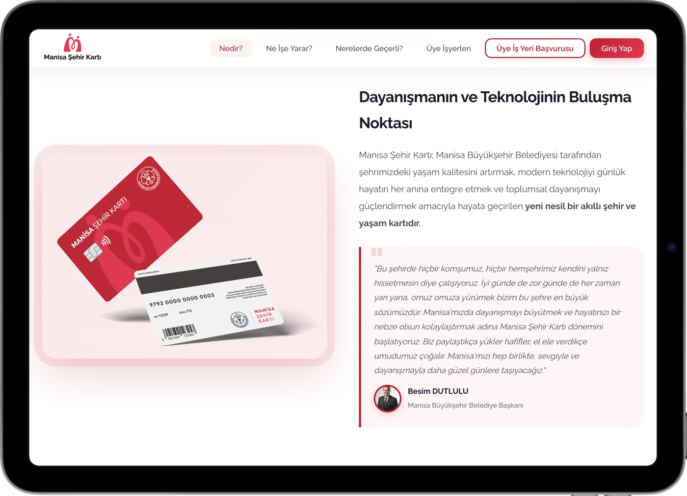 Manisa Şehir Kartı web sitesi tablet görünümü